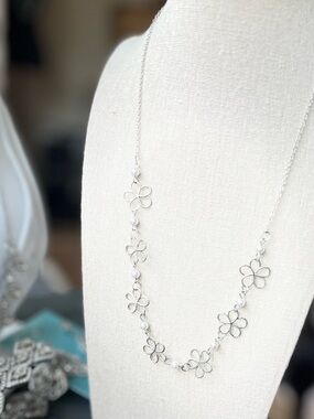 Silver Floral Link Necklace with Pearl Accents - Women Jewelry